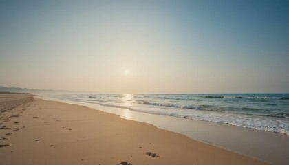 Minimalist beach at golden hour with gentle waves and clear skies. Concept of vacation on the seashore