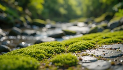 Calm macro shot of moss and pebbles with central focus and space for text. The concept of caring for nature