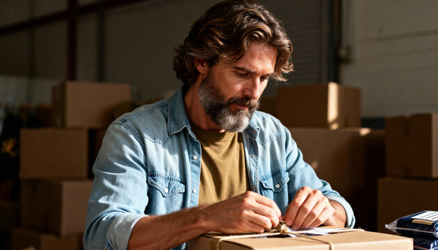 Bearded man packing cardboard box in warehouse. Small business owner preparing shipment for delivery. Logistics and distribution concept
