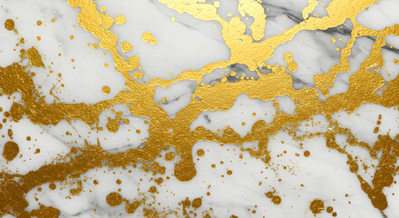 Elegant white marble texture with luxurious gold glitter veins and sparkling splatters, creating a sophisticated and abstract background design