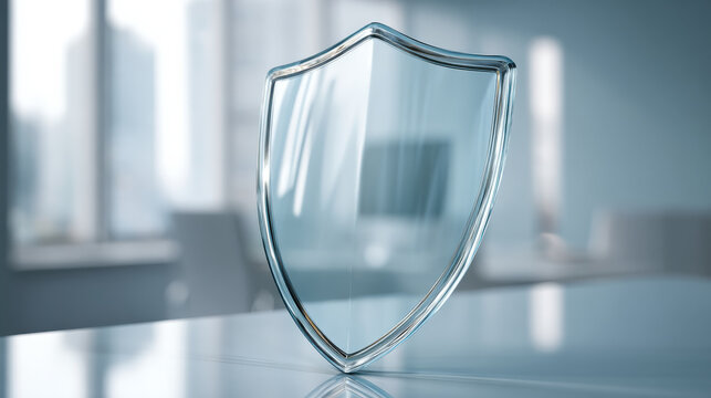Transparent glass shield representing corporate protection and safety within a sleek modern office