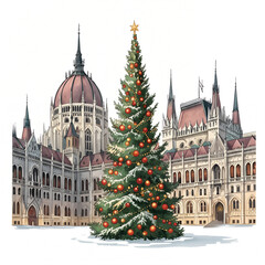 Obraz premium Decorated Christmas Tree with Historic Architecture Background Illustration