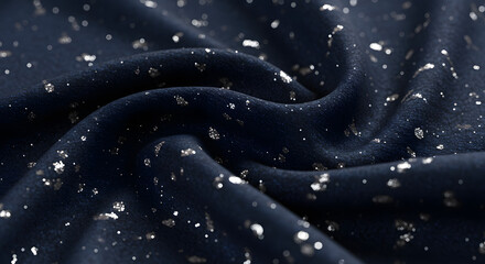 Closeup of elegant dark blue fabric with shimmering silver glitter, creating a luxurious and festive texture with soft folds and sparkling details