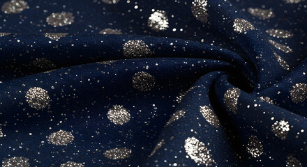 Elegant dark blue textile with shimmering silver glitter polka dots and sparkling scattered glitter, perfect for festive and fashion designs