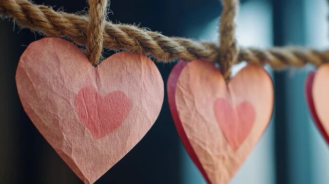A pair of wooden hearts suspended from a rope, a romantic gesture or decoration