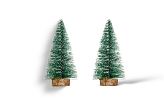 Two mini decorative Christmas trees isolated on a transparent background. PNG. High resolution. Elements for Christmas and winter decoration design.