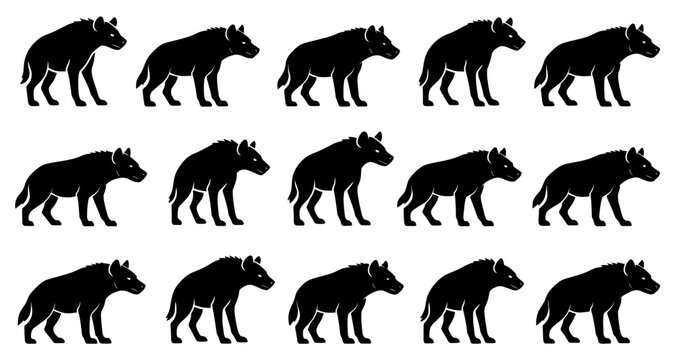 Hyena silhouettes in walking and alert poses. Clean lines show high quality. The set captures strong shoulders and cautious wild movement