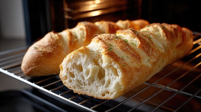 Crusty loaves of bread are emerging from the oven, resting on a wooden board in a cozy kitchen. The warm, inviting atmosphere enhances the freshness of the baked goods