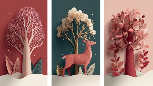 Collection of winter background set with tree, reindeer, flower, leaves. Editable vector illustration for Christmas invitation, postcard and website banner