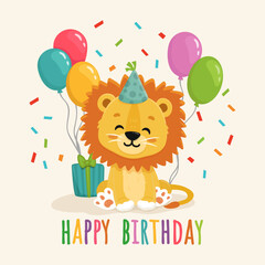 Cute cartoon lion with gift and balloons. Lion in flat style for greeting card, book, activity page. Happy birthday postcard. Vector illustration