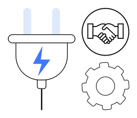 Energy connection concept. Plug, handshake, and gear symbols energy distribution, collaboration, and innovative partnerships. Energy in teamwork and industry solutions. For energy tech, business