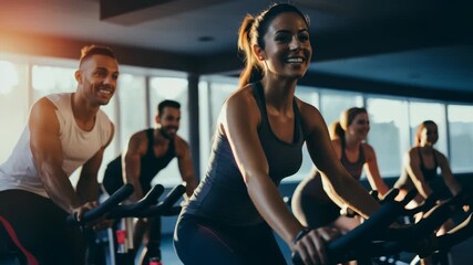 Dynamic video scene of a group cycling class, captured from a low angle. Warm lighting enhances the energetic and motivational atmosphere.