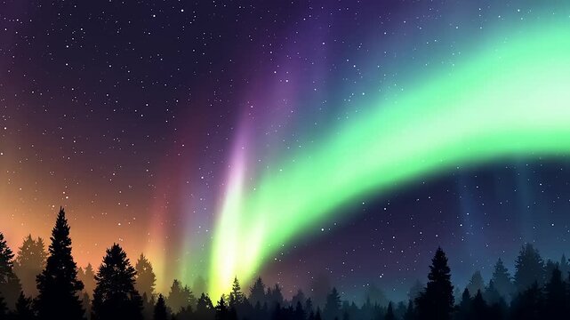 Dramatic display of colorful aurora borealis over silhouettes of evergreen trees