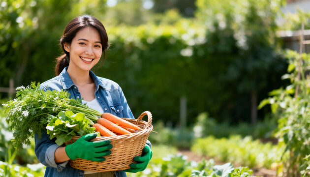 Happy Asian woman gardener holding a basket of fresh vegetables in a garden. Smiling female farmer with organic carrots and lettuce harvest