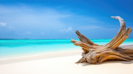 A piece of driftwood rests on the soft sand, surrounded by calm turquoise waters and a bright blue sky. Gentle waves lap at the shore, creating a tranquil atmosphere