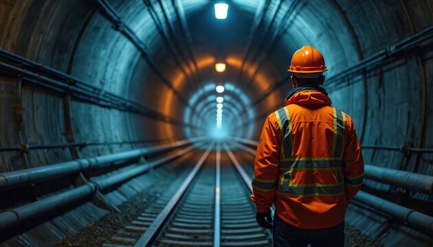 Construction worker in orange jacket and hard hat inspects railway tunnel with industrial lights. Infrastructure development, engineering project, railway maintenance, underground transport.