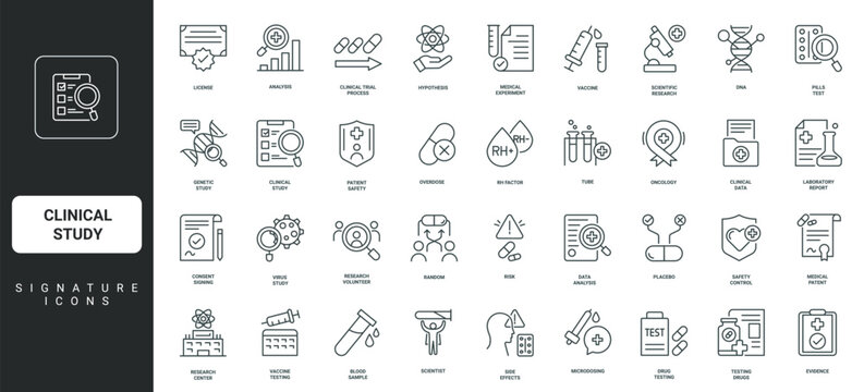 Overdose risk and placebo, laboratory report thin black and red outline symbols vector illustration Clinical study, drug and vaccine testing, medical data and license for patient safety line icon set.