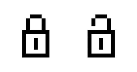 Pixel lock icons in open and closed states, retro security symbol set, pixel art, vector illustration. © WiseLayz