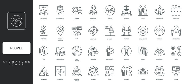 Hierarchy and corporate team organization, leader thin black and red outline symbols vector illustration People, person and social group, participant and member of community, audience line icon set.