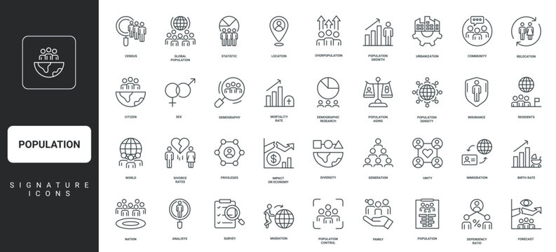 Data survey and demographic analysis, population growth thin black and red outline symbols vector illustration Population, people of world diversity and immigration, demography line icon set.