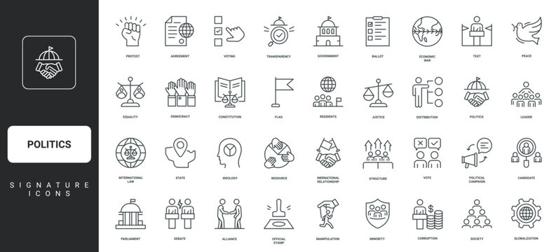 International law and policy, protests, democracy thin black and red outline symbols vector illustration Politics, government and parliament leader and president, constitution, debate line icon set.