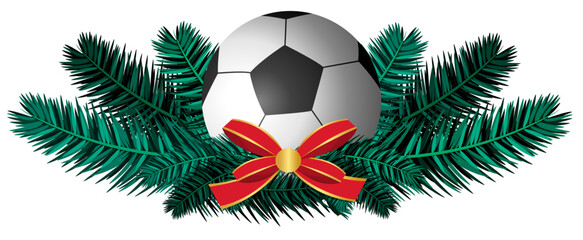 Christmas soccer illustration featuring ball, holly, pine branches, bows, bells, and Merry Christmas lettering. Perfect for cards, labels, banners, and holiday sports designs