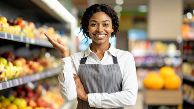Supermarket employee smiling near fresh fruit section.