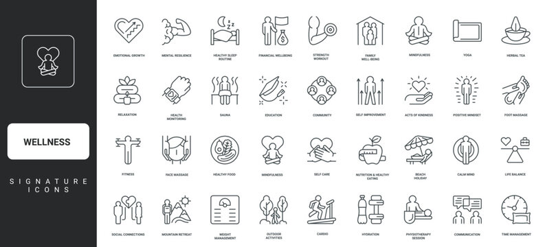 Modern wellness signature and apps, blogs, health for balance lifestyle and health, mental nutrition, fitness, care, self mindfulness, featuring set icons infographics vector illustration