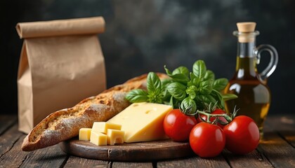Rustic Italian food still life setup featuring crusty bread, fresh tomatoes, cheese, basil, olive oil, and paper bag on dark wooden table. A simple, fresh, homemade meal.