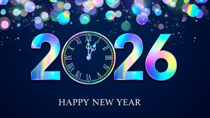 Golden 2026 happy new year clock and festive background