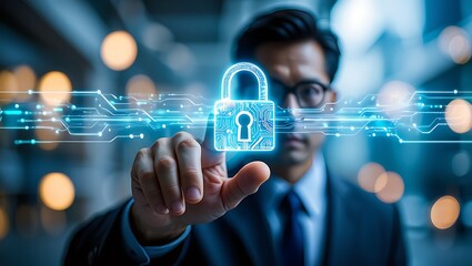 Cybersecurity expert activating digital lock on glowing network interface element