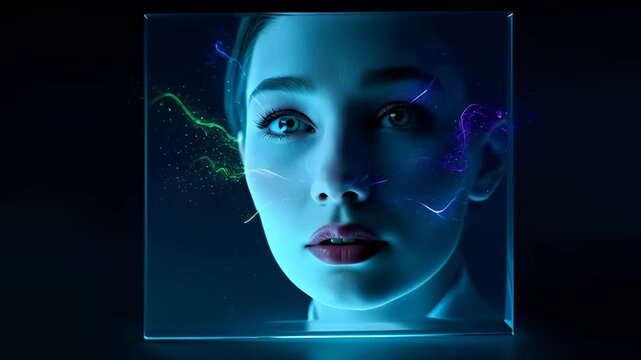 A beautiful woman's face is displayed on a glowing holographic cube with dynamic light streaks, symbolizing AI, deepfake technology, virtual reality, and digital identity.