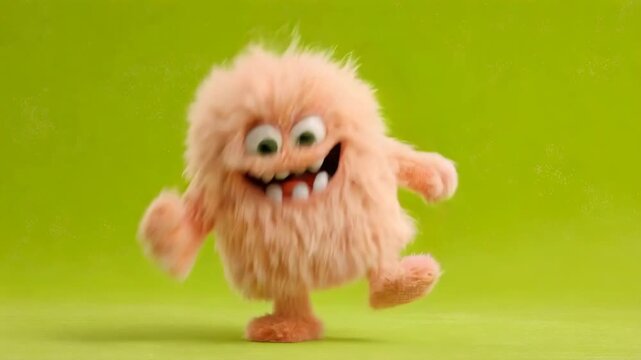 Funny fluffy monster in various playful poses, jumping, standing, and dancing on a vibrant green background.