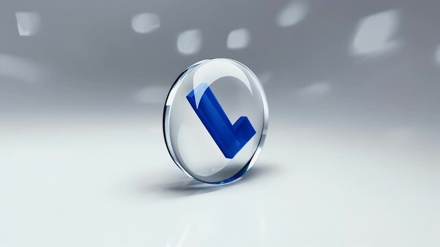 A blue check mark enclosed in a clear, glassy orb rests on a clean, light grey surface with subtle reflections