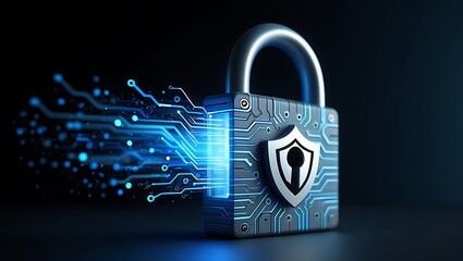Cybersecurity padlock with glowing circuits and shield representing digital protection