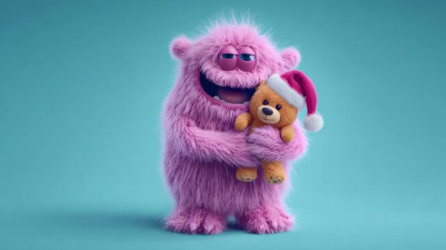 Pink fluffy monster smiling animated with a teddy bear wearing a Santa hat. Cute happy character for Christmas celebration.
