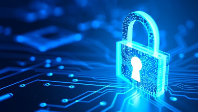 Cybersecurity protection with a digital lock on circuit board illustration - Powered by Adobe