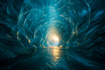 Fototapeta premium Stunning ice tunnel with glowing light at the end