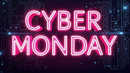 Cyber monday neon glowing text on dark circuit board background for holiday sale event promotion and digital marketing - Powered by Adobe
