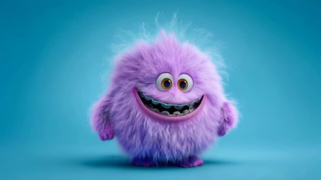 Fluffy purple monster showing different expressions including smiling and with braces for funny cartoon character design.