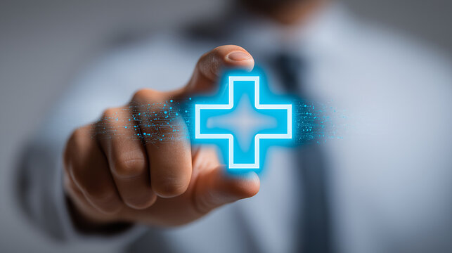 Businessman touching a glowing virtual blue medical cross symbol - Powered by Adobe