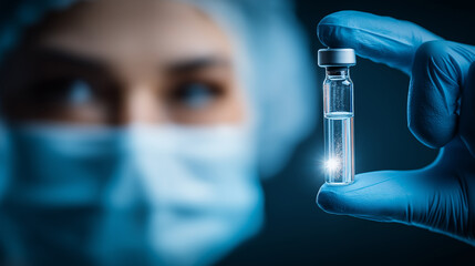 Doctor holding a vaccine vial with focus on sterilized glass container