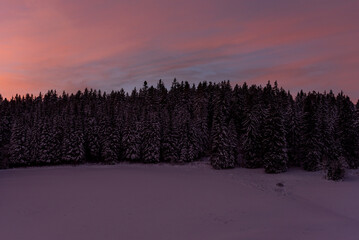Winter landscape at sunrise with deep snow in the Black Forest mountains