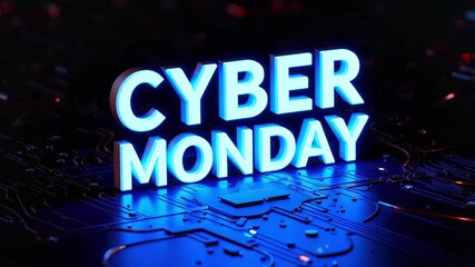Cyber Monday text with glowing sparks on circuit board background. Digital commercial shopping and online sale event for holiday season.
