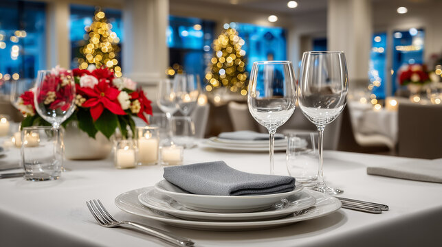 Elegant holiday table setting with festive decorations and soft lighting - Powered by Adobe
