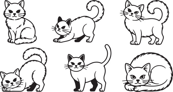 Six outlined cartoonish kittens showcase distinct poses and styles against a transparent backdrop beautifully