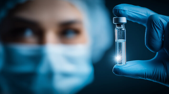 Doctor holding a vaccine vial with focus on sterilized glass container
