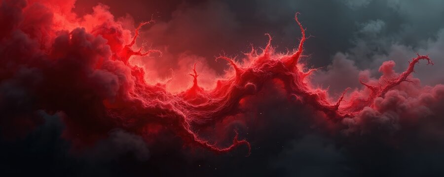 Abstract artwork features dark red shapes resembling clouds, branches against dark background. Illustration conveys feelings of anxiety danger conflict war. Dramatic scene shows abstract art forms,