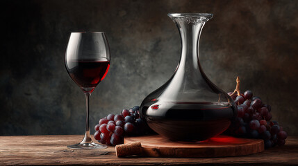 A decanter and glass of red wine on a wooden table. Wine connoisseur. Wine tasting. A vintner's final product. From grapes to wine store