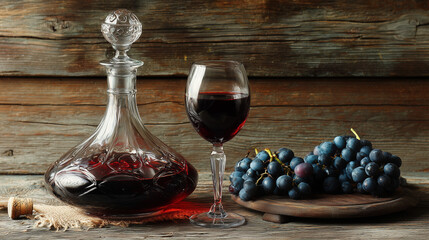 A decanter and glass of red wine on a wooden table. Wine connoisseur. Wine tasting. A vintner's final product. From grapes to wine store